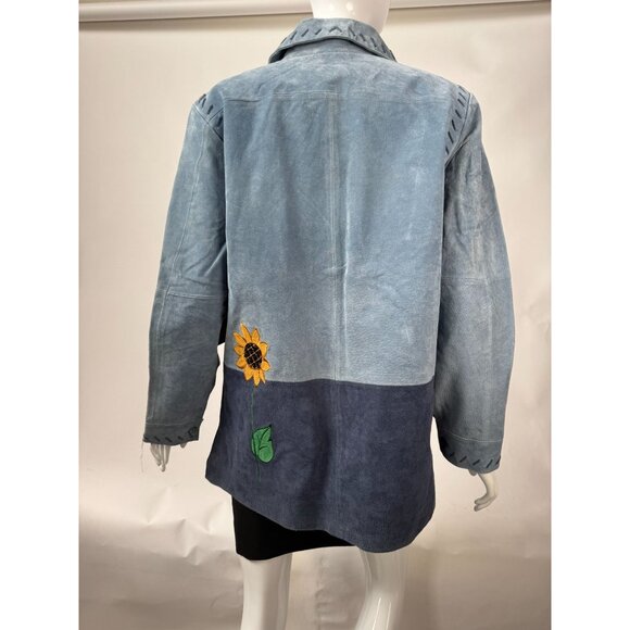 The Quacker Factory Womens Medium Blue Leather Jacket With Sunflower Embroidery - Picture 4 of 16